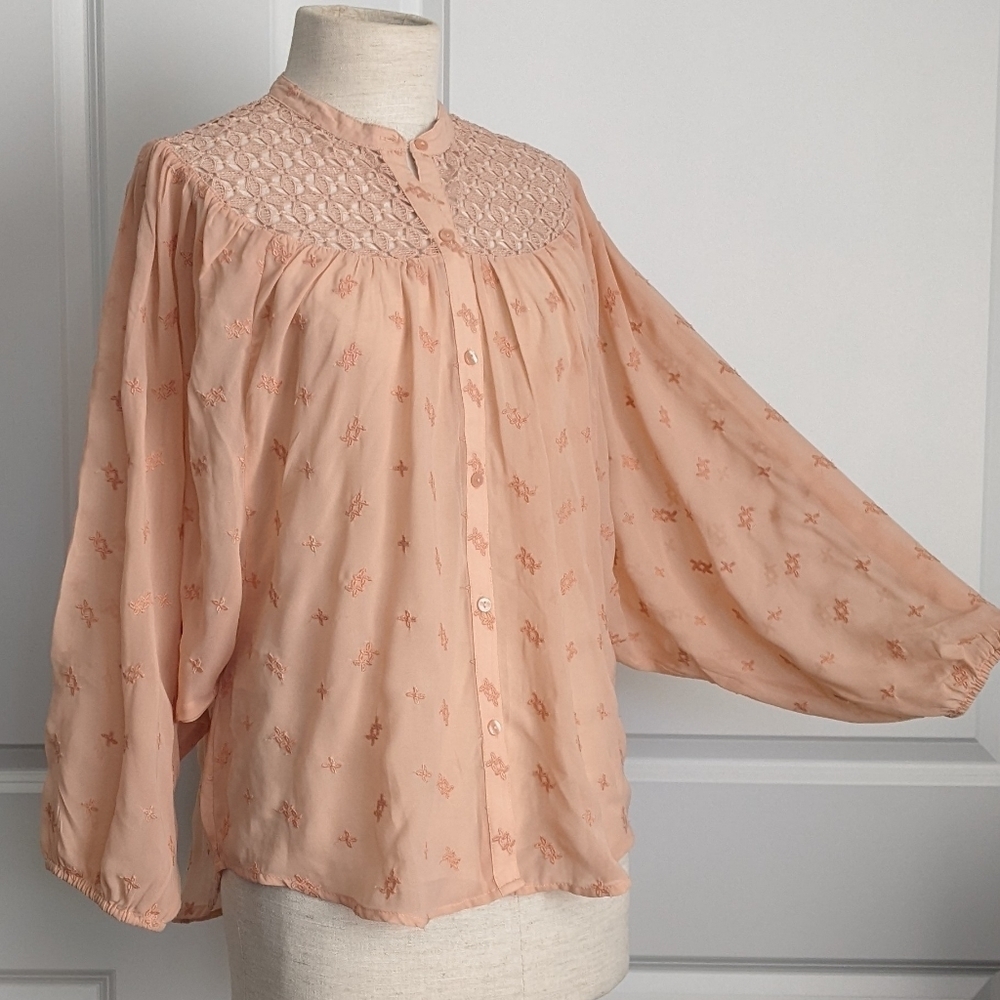 Lucky Brand Blouse Embroidered Semi-Sheer Lace Button Front Rose Tan S/M NWT - Picture 4 of 14